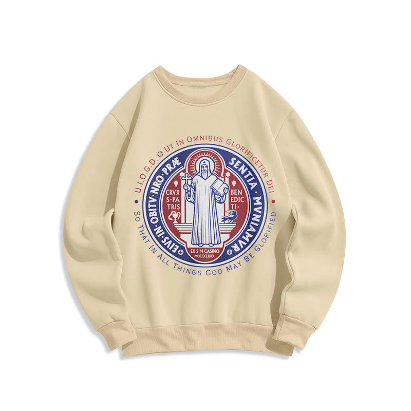 Classic Colored Style St. Benedict Medal Emblem Fleece Lined Polyester Sweatshirt