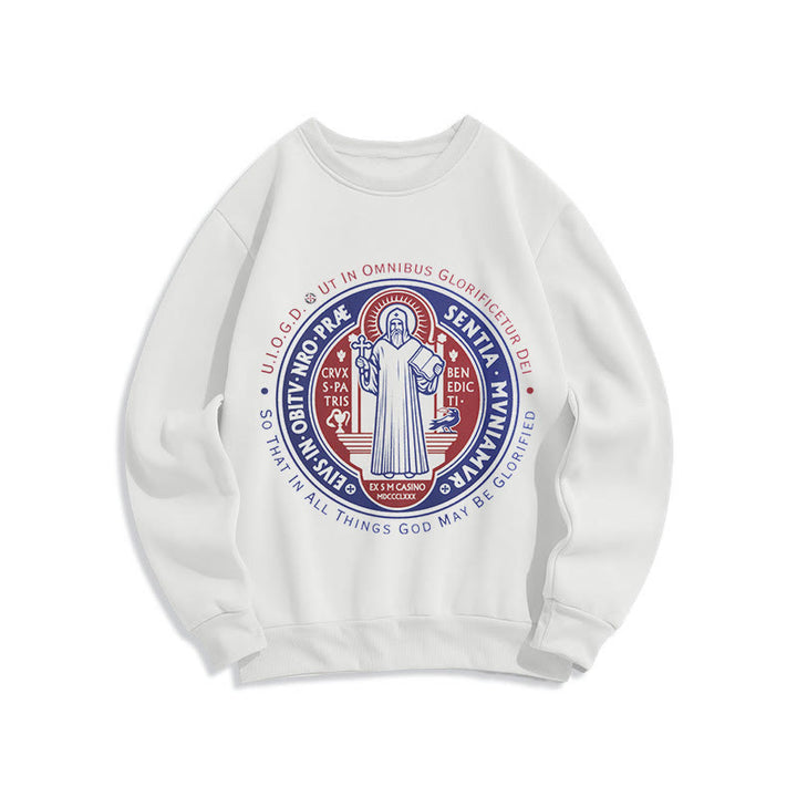 Classic Colored Style St. Benedict Medal Emblem Fleece Lined Polyester Sweatshirt