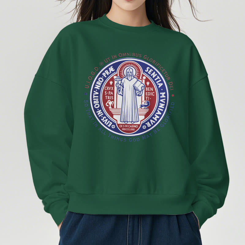 Classic Colored Style St. Benedict Medal Emblem Fleece Lined Polyester Sweatshirt