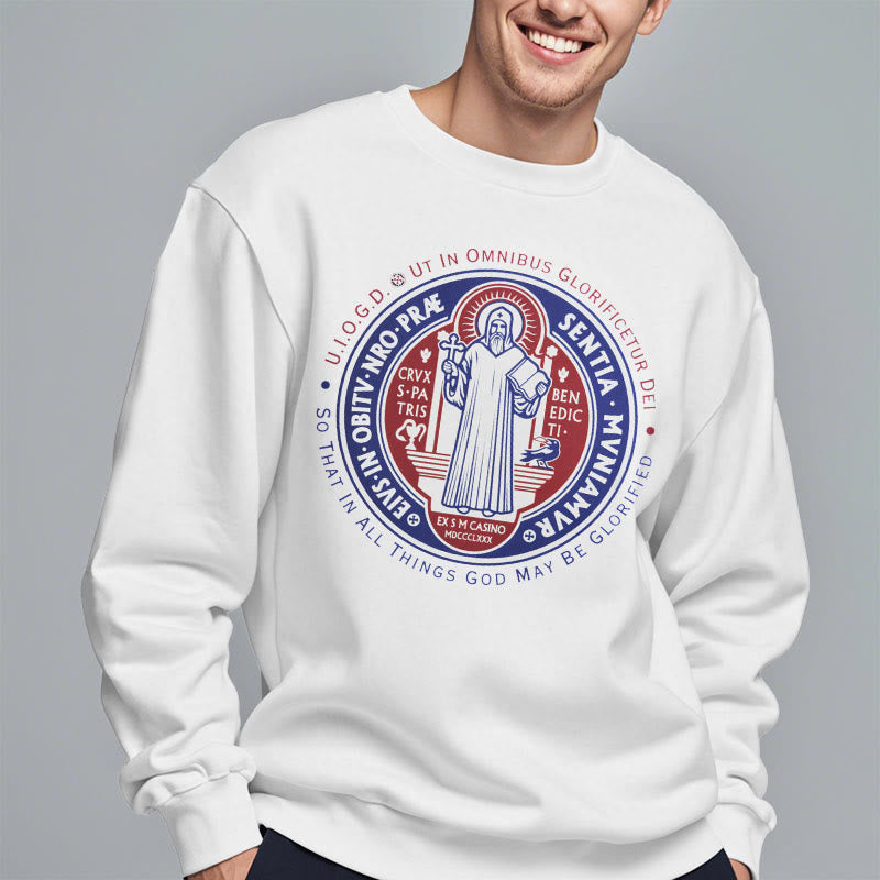 Classic Colored Style St. Benedict Medal Emblem Fleece Lined Polyester Sweatshirt