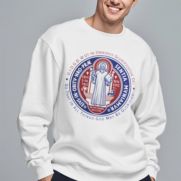 Classic Colored Style St. Benedict Medal Emblem Fleece Lined Polyester Sweatshirt