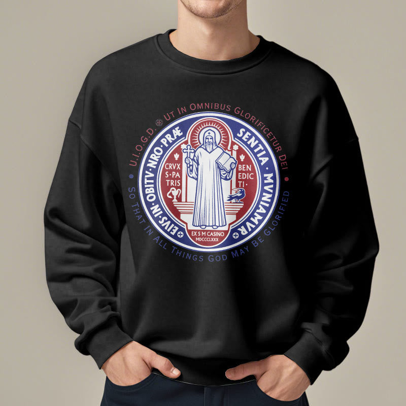 Classic Colored Style St. Benedict Medal Emblem Fleece Lined Polyester Sweatshirt