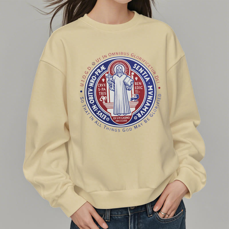 Classic Colored Style St. Benedict Medal Emblem Fleece Lined Polyester Sweatshirt
