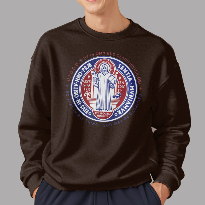 Classic Colored Style St. Benedict Medal Emblem Fleece Lined Polyester Sweatshirt