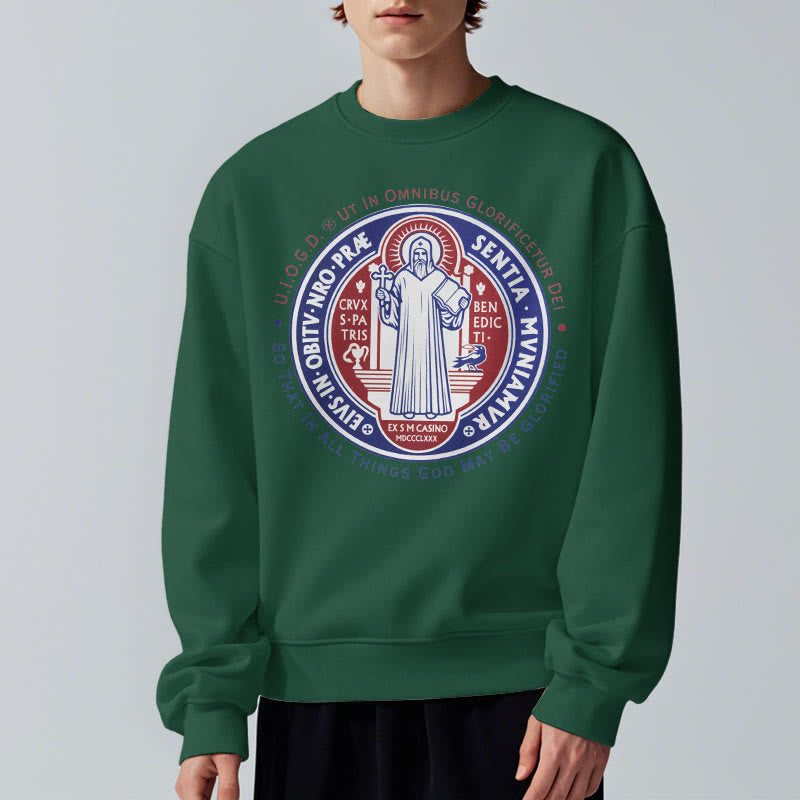 Classic Colored Style St. Benedict Medal Emblem Fleece Lined Polyester Sweatshirt