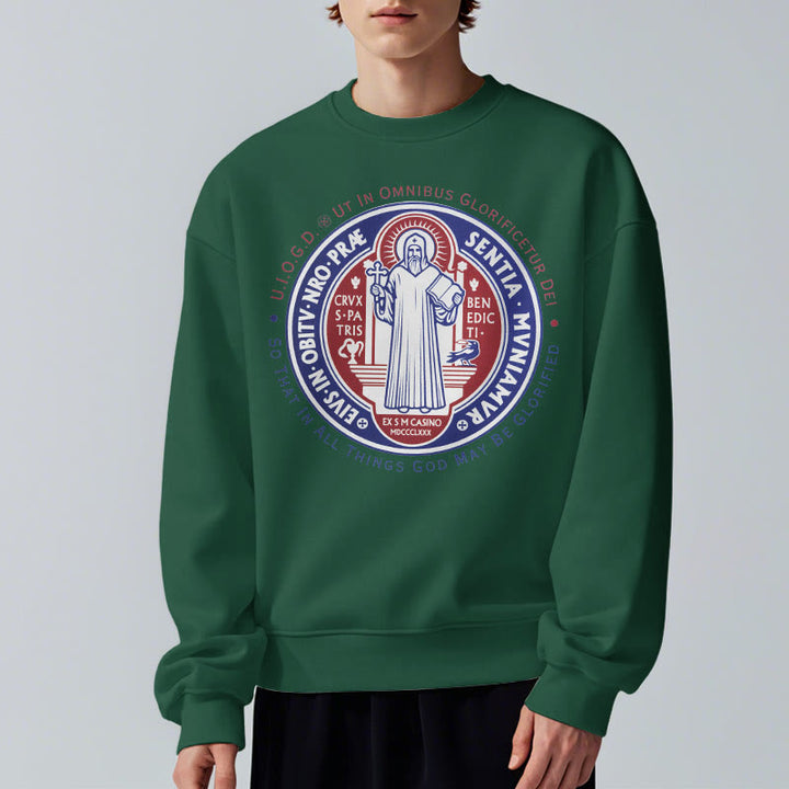 Classic Colored Style St. Benedict Medal Emblem Fleece Lined Polyester Sweatshirt