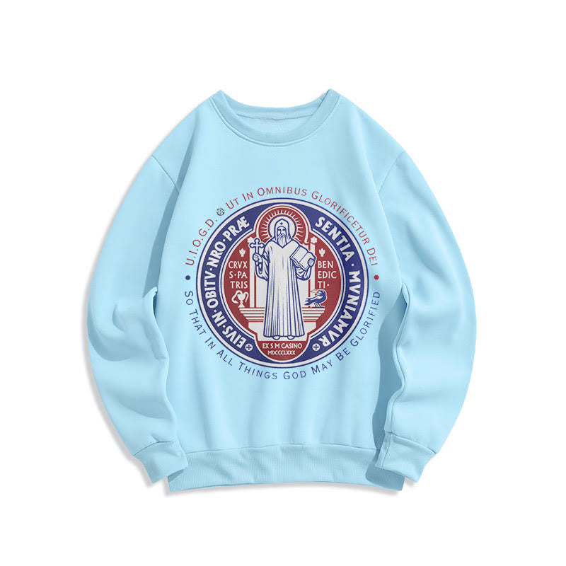 Classic Colored Style St. Benedict Medal Emblem Fleece Lined Polyester Sweatshirt