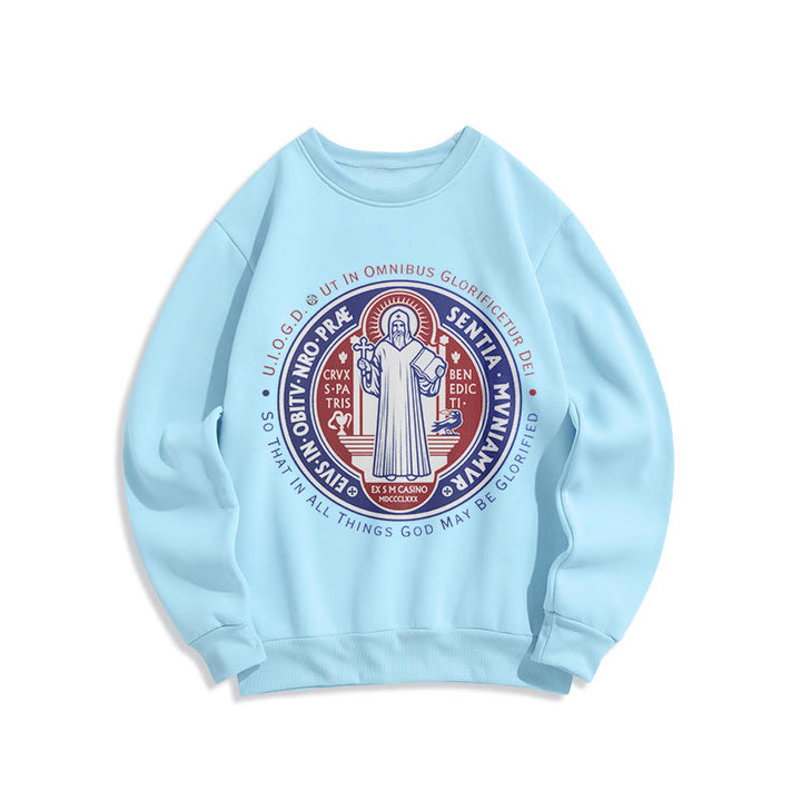 Classic Colored Style St. Benedict Medal Emblem Fleece Lined Polyester Sweatshirt