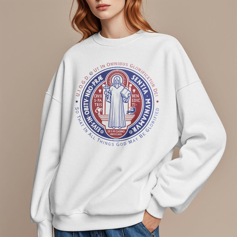 Classic Colored Style St. Benedict Medal Emblem Fleece Lined Polyester Sweatshirt