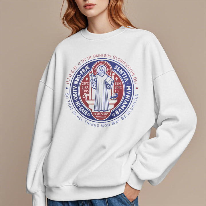 Classic Colored Style St. Benedict Medal Emblem Fleece Lined Polyester Sweatshirt