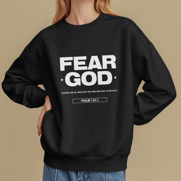 Classic Quotation Style Fear God Faith Blessed Fleece Lined Polyester Sweatshirt