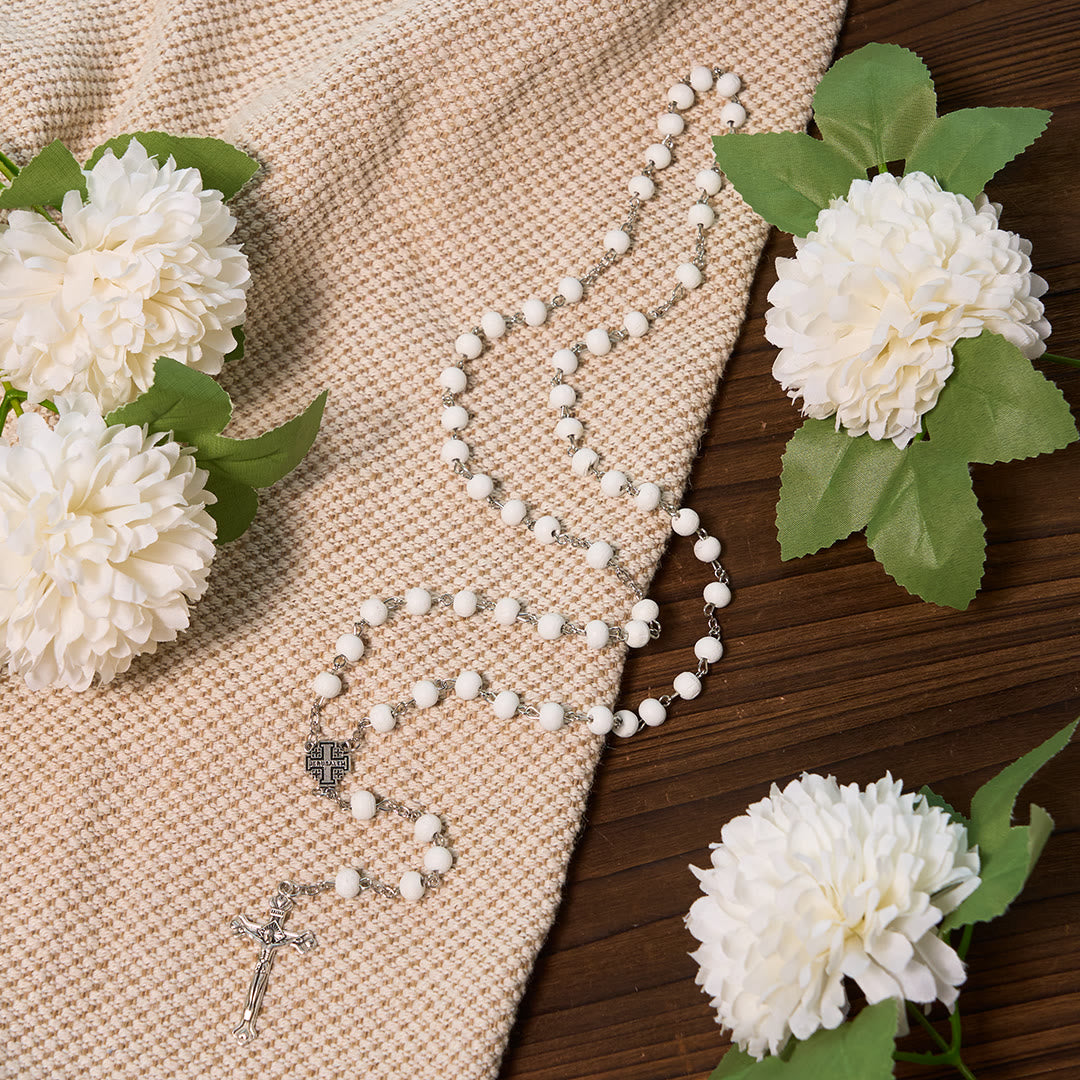 Jerusalem Medal & Crucifix of 7 mm Round White Rosewood Alloy Chain Rosary - image 11