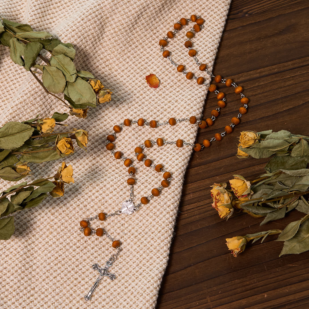 Jerusalem Medal & Crucifix of 7 mm Round White Rosewood Alloy Chain Rosary - image 10