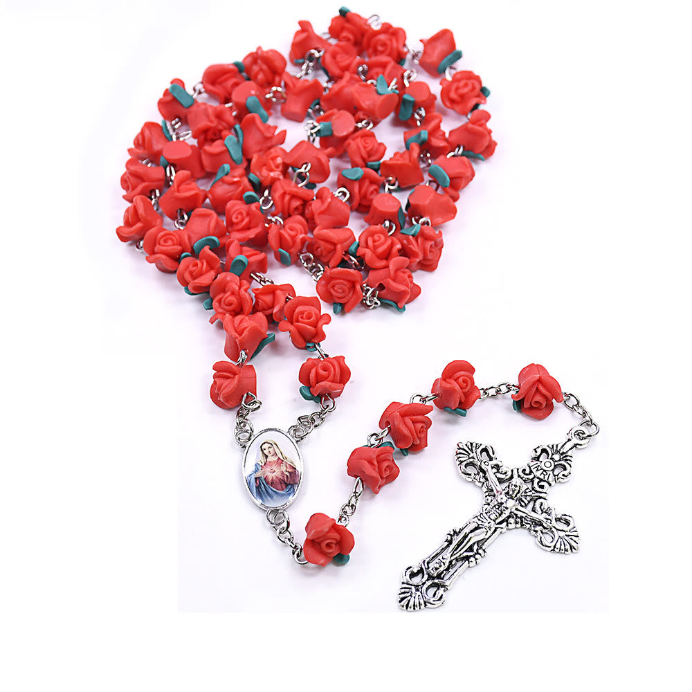 Immaculate Heart of Mary & Crucifix of 6*8 mm Rose Multicolor Polymer Clay Alloy Chain Rosary - Red - image 2
