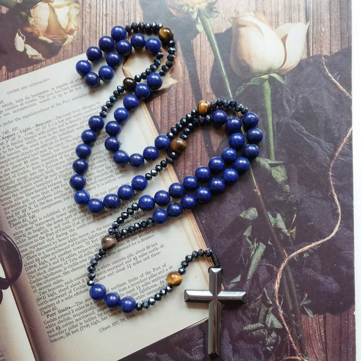 Christianartworkshop Cross of 4*8 mm Round Blue Hematite Bluestone Nylon Cord Rosary - Blue - image 0