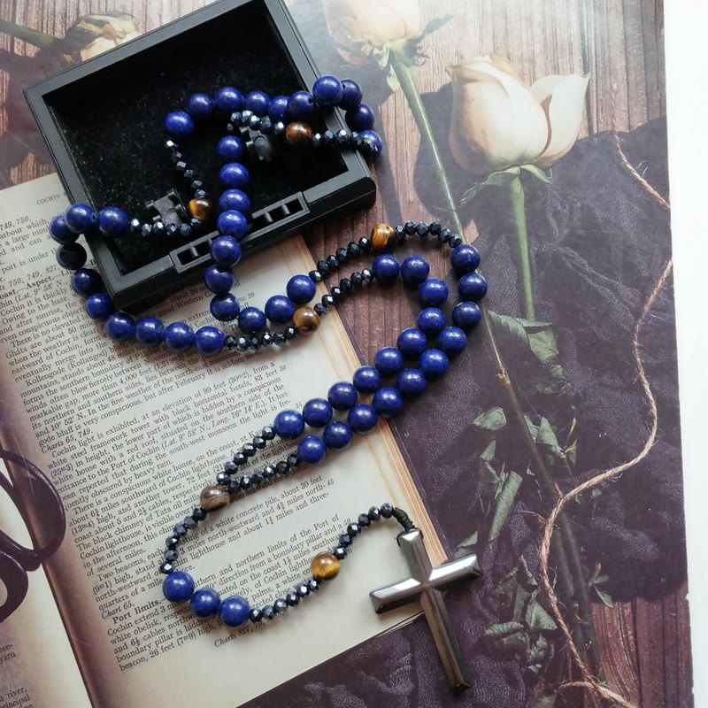 Cross of 4*8 mm Round Blue Hematite Bluestone Nylon Cord Rosary - image 1