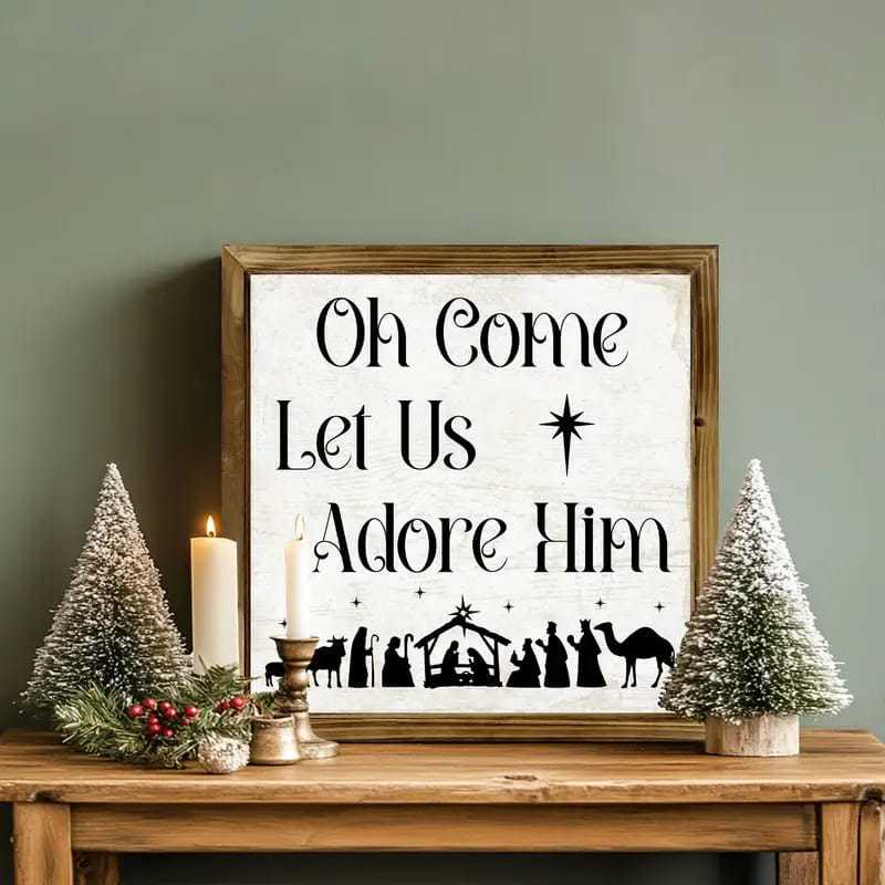 Christianartworkshop Classic Style Oh Come Let Us Adore Him Nativity Scene Wooden Sign Ornaments - image 1