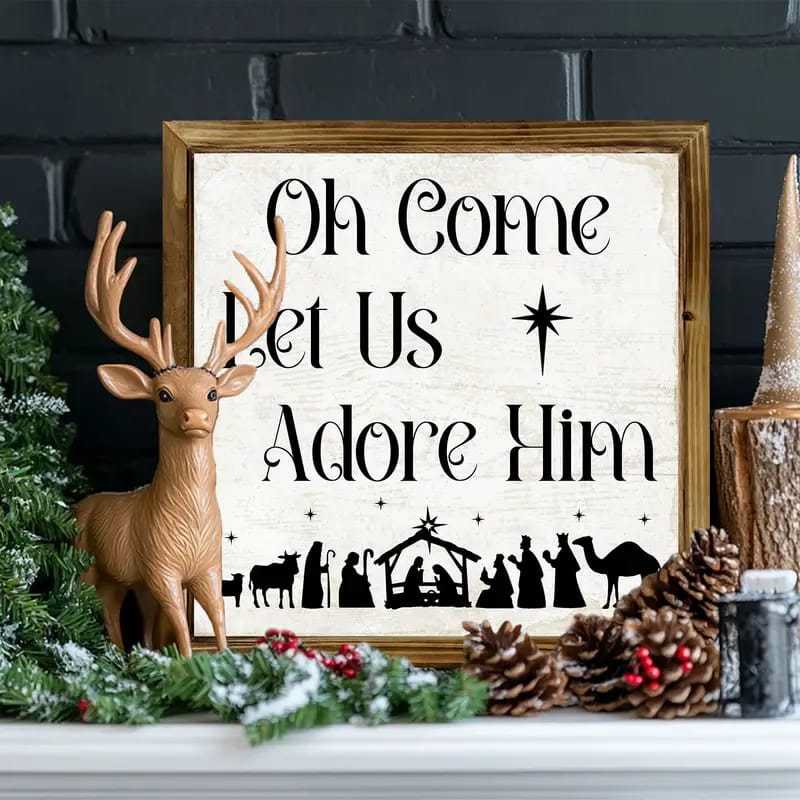 Christianartworkshop Classic Style Oh Come Let Us Adore Him Nativity Scene Wooden Sign Ornaments - Nativity Scene - image 0