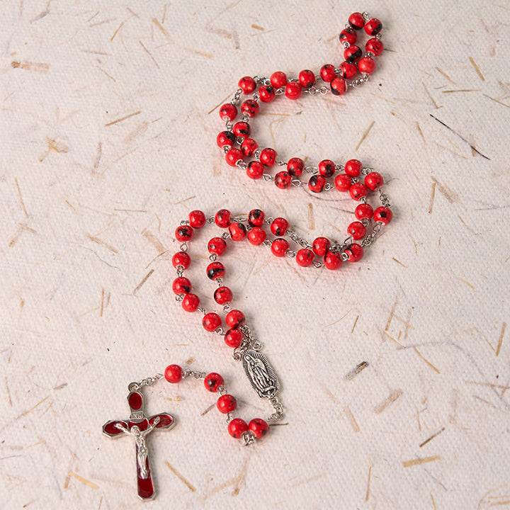 Our Lady of Guadalupe & Crucifix of 8 mm Round Red Ceramics Alloy Chain Rosary - image 3