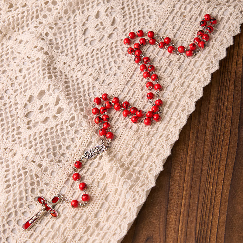 Our Lady of Guadalupe & Crucifix of 8 mm Round Red Ceramics Alloy Chain Rosary - image 4