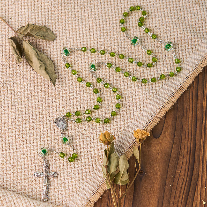 Assumption of Virgin Mary & Crucifix of 6 mm Polyhedron Green Crystal Alloy Chain Rosary - Green - image 0