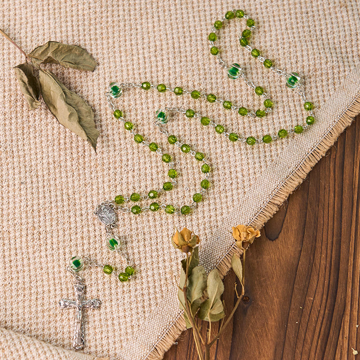Assumption of Virgin Mary & Crucifix of 6 mm Polyhedron Green Crystal Alloy Chain Rosary - Green - image 0
