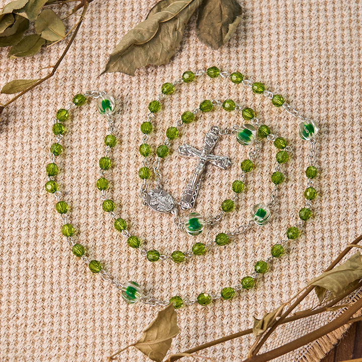 Assumption of Virgin Mary & Crucifix of 6 mm Polyhedron Green Crystal Alloy Chain Rosary - image 1
