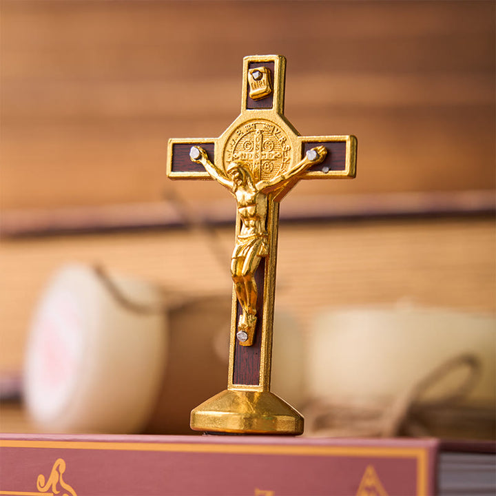 Christianartworkshop European Classical Traditional Wood Inlaid Alloy St. Benedict Cross Ornament - Golden - image 2