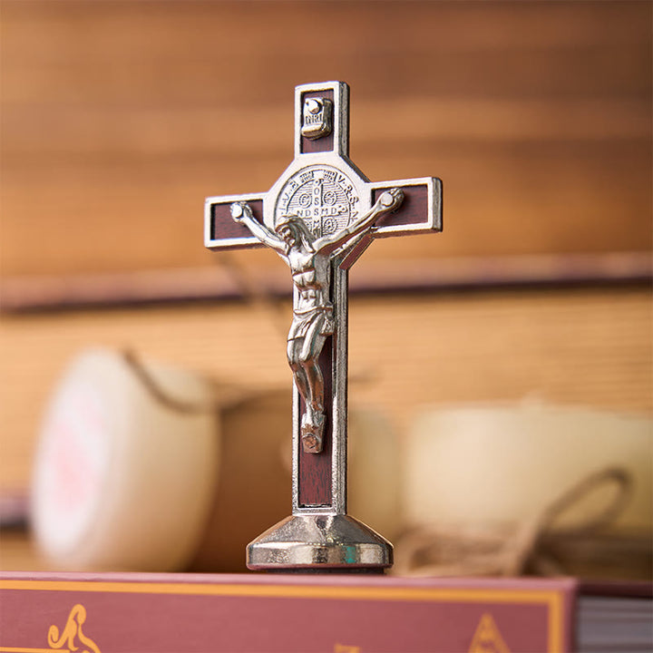 Christianartworkshop European Classical Traditional Wood Inlaid Alloy St. Benedict Cross Ornament - Silver - image 3