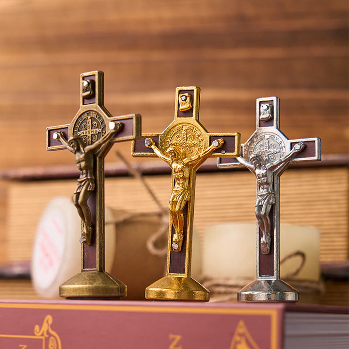 Christianartworkshop European Classical Traditional Wood Inlaid Alloy St. Benedict Cross Ornament - image 1