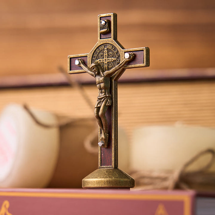 Christianartworkshop European Classical Traditional Wood Inlaid Alloy St. Benedict Cross Ornament - Bronze(without hooks) - image 0