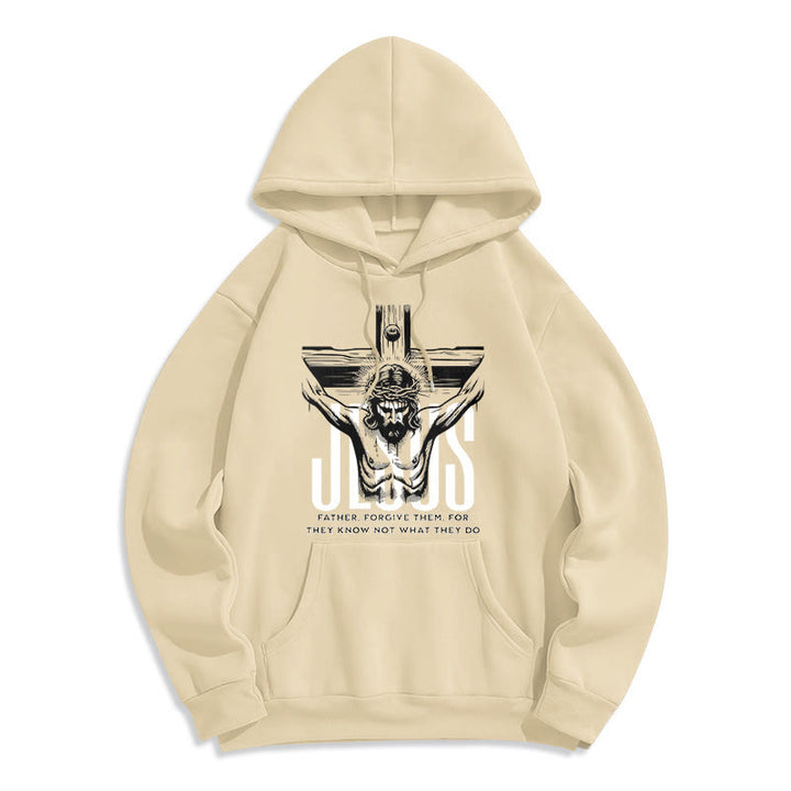 Classic Style Father Forgive Them Crucifix Fleece Lined Polyester Hoodie - Beige - 2XL - image 10