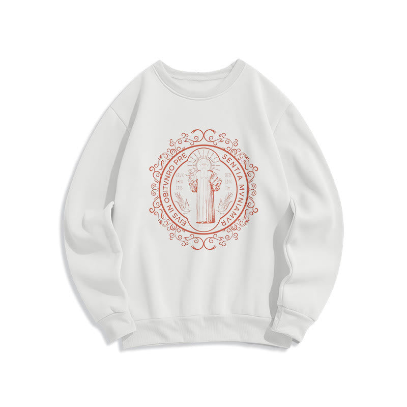 Classic Style Floral St. Benedict Embelm Fleece Lined Polyester Sweatshirt - White - 2XL - image 5