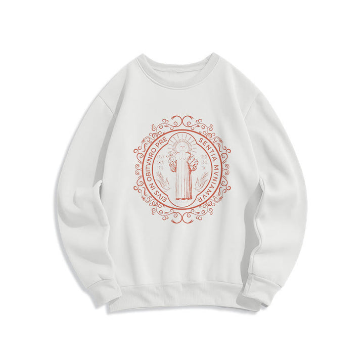 Classic Style Floral St. Benedict Embelm Fleece Lined Polyester Sweatshirt - White - 2XL - image 5