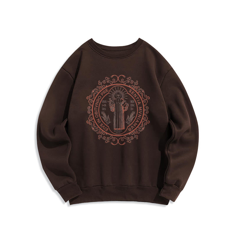 Classic Style Floral St. Benedict Embelm Fleece Lined Polyester Sweatshirt - Brown - 2XL - image 15