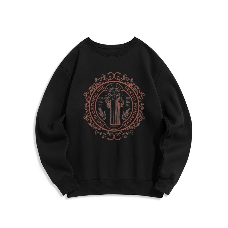 Classic Style Floral St. Benedict Embelm Fleece Lined Polyester Sweatshirt - Black - 2XL - image 0