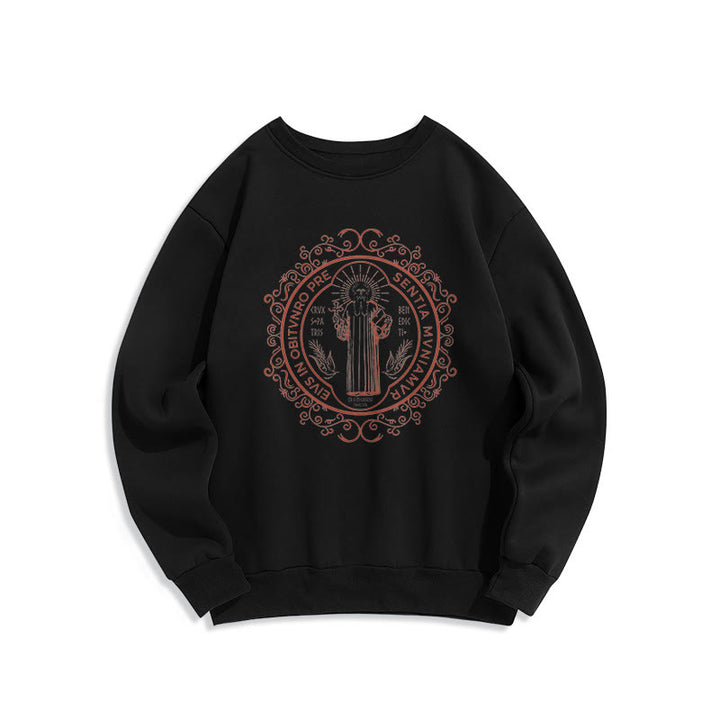 Classic Style Floral St. Benedict Embelm Fleece Lined Polyester Sweatshirt - Black - 2XL - image 0