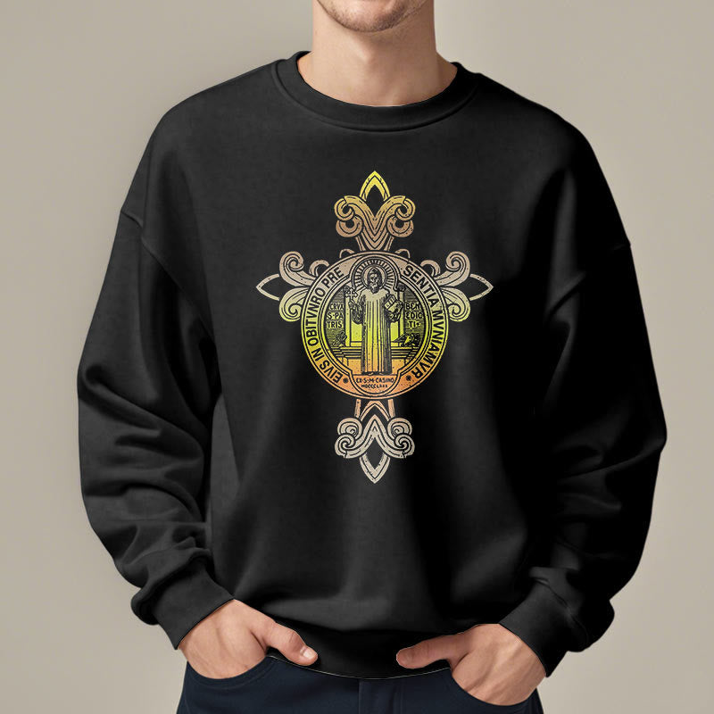Colored Style St. Benedict Emblem Scrollwork Fleece Lined Polyester Sweatshirt - image 1
