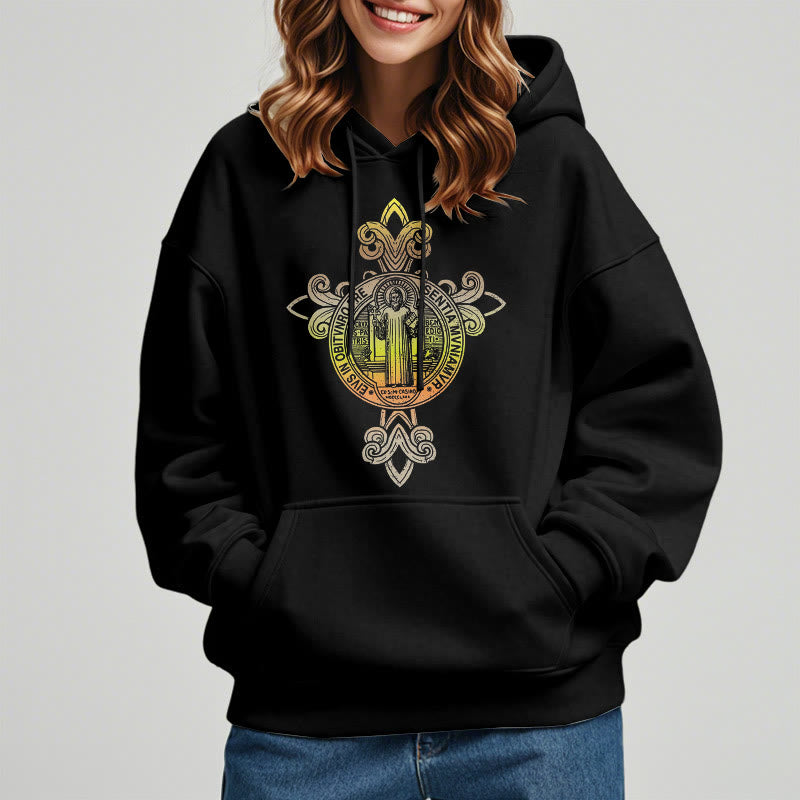 Colored Style St. Benedict Emblem Scrollwork Fleece Lined Polyester Hoodie - image 1