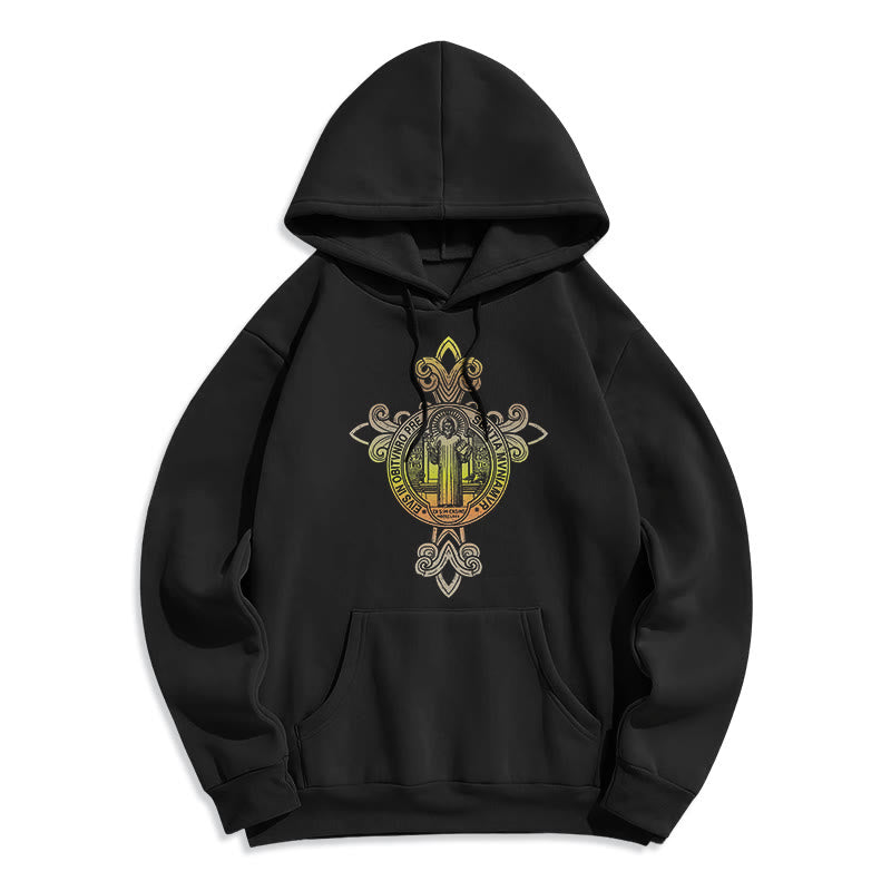 Colored Style St. Benedict Emblem Scrollwork Fleece Lined Polyester Hoodie - Black - 2XL - image 0