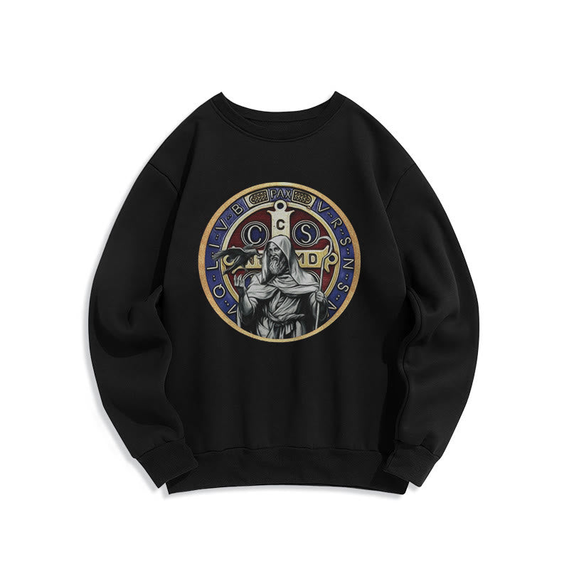 Classic Colored Style St. Benedict Figure Emblem Fleece Lined Polyester Sweatshirt - Black - 2XL - image 0