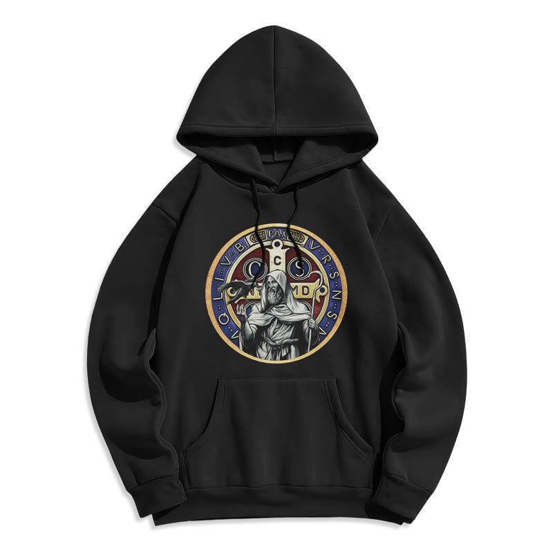 Christianartworkshop Classic Colored Style St. Benedict Figure Emblem Fleece Lined Polyester Hoodie - Black - 2XL - image 0