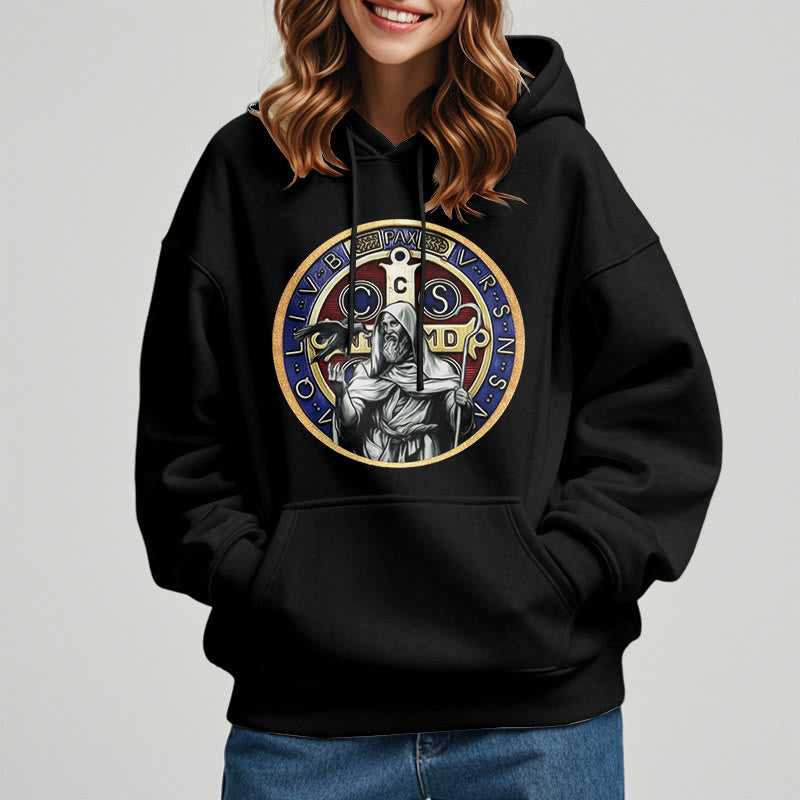 Christianartworkshop Classic Colored Style St. Benedict Figure Emblem Fleece Lined Polyester Hoodie - image 1
