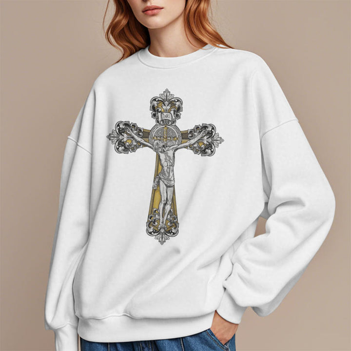 Christianartworkshop Classic Style St. Benedict Cruxifix Faith Fleece Lined Polyester Sweatshirt - image 7