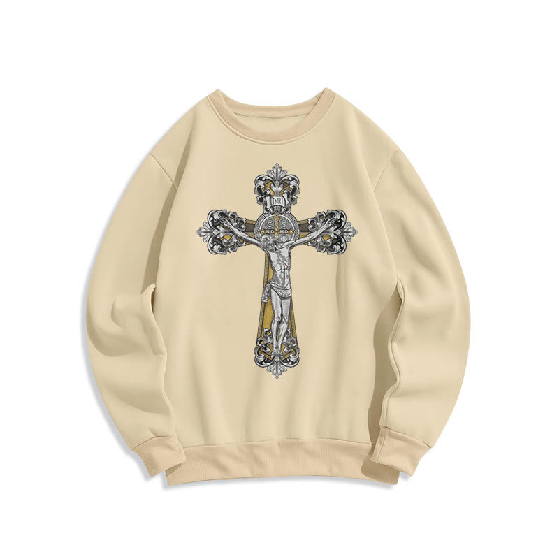 Classic Style St. Benedict Cruxifix Faith Fleece Lined Polyester Sweatshirt - Beige - 2XL - image 10