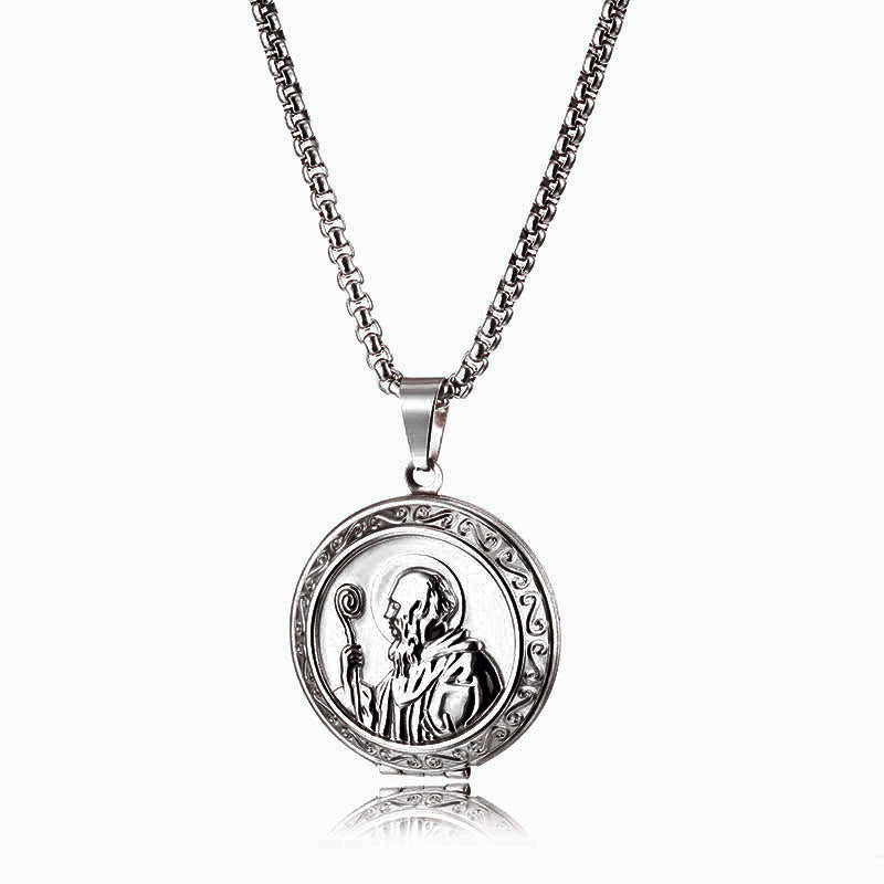 Classic Style St. Benedict Engraved Two Sided Locket Pendant Necklace - Silver - image 1