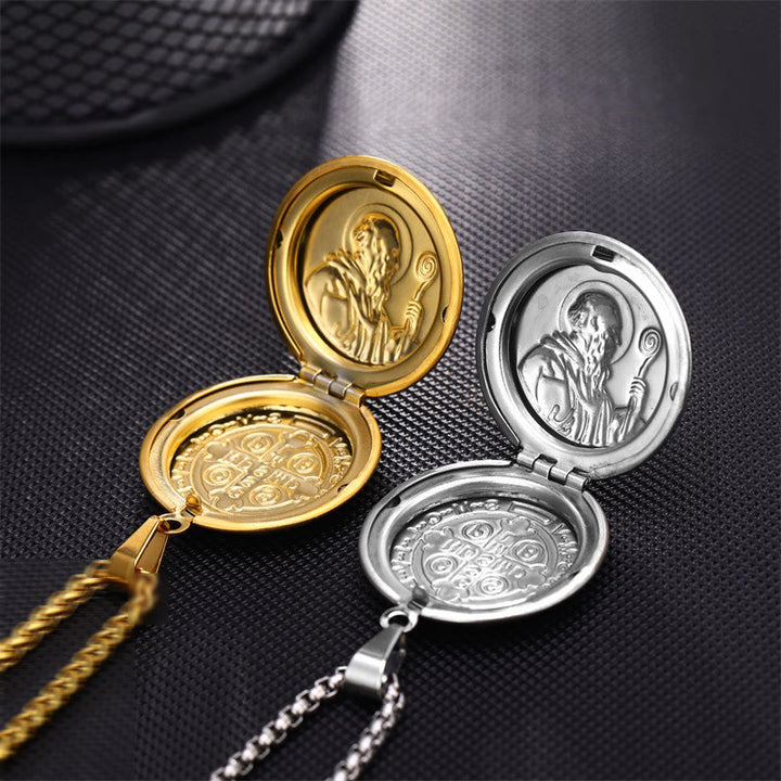 Classic Style St. Benedict Engraved Two Sided Locket Pendant Necklace - image 4