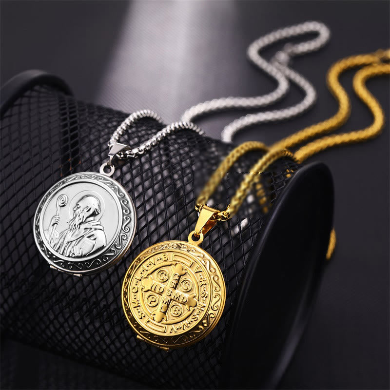 Classic Style St. Benedict Engraved Two Sided Locket Pendant Necklace - image 0