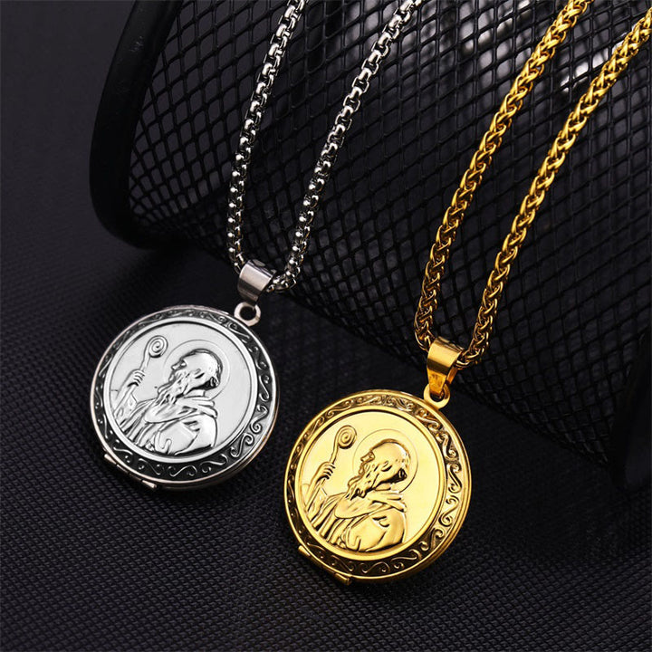 Classic Style St. Benedict Engraved Two Sided Locket Pendant Necklace - image 3