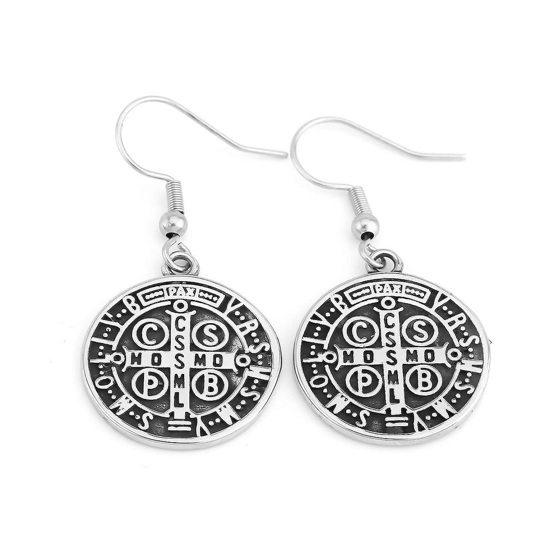 Classic Style St. Benedict Engraved Emblem Divine Protection Earrings